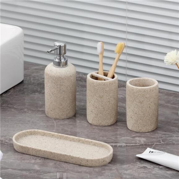 Bathroom Accessories Set 4 Pieces Soap Dispenser Toothbrush Holder Vanity Tray - Picture 2 of 7